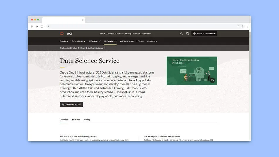 Oracle Cloud Infrastructure (OCI) Data Science Website Screenshot